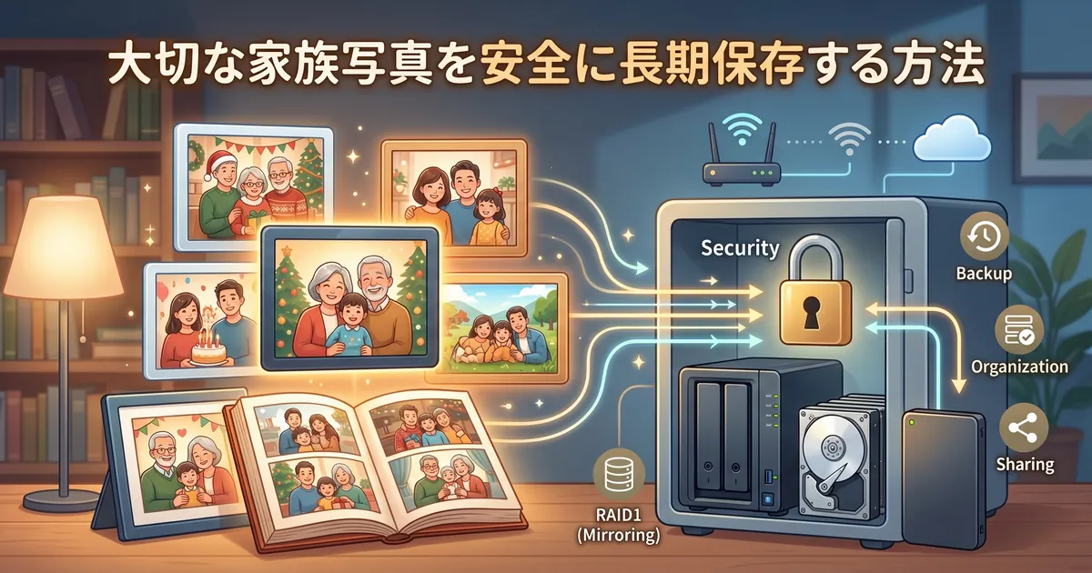 大切な家族写真を安全に長期保存する方法を解説するブログアイキャッチ。幸せそうな家族写真から、NASやHDD、クラウドへとデータがバックアップされる様子を表現したイラスト。