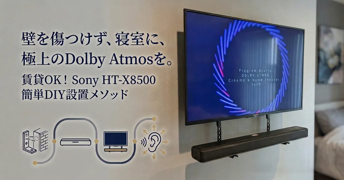 壁掛けテレビの下に加工なしでソニーのサウンドバーHT-X8500を設置したDIYの様子