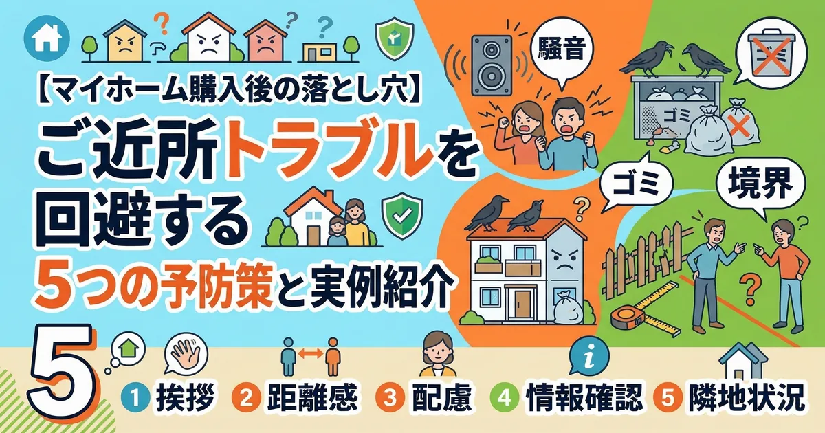 マイホームのご近所トラブルを回避する5つの予防策。騒音、ゴミ出し、境界線の問題をイメージしたイラストとタイトル文字。
