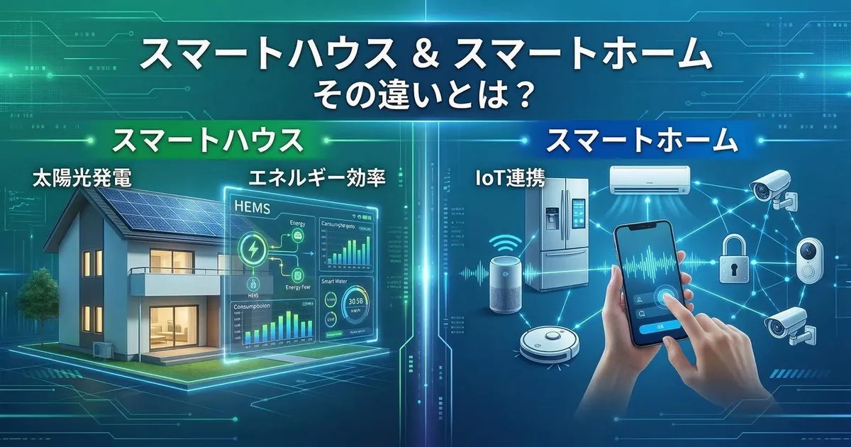 スマートハウス（省エネ・HEMS）とスマートホーム（IoT・利便性）の違いを比較した未来的なイラスト