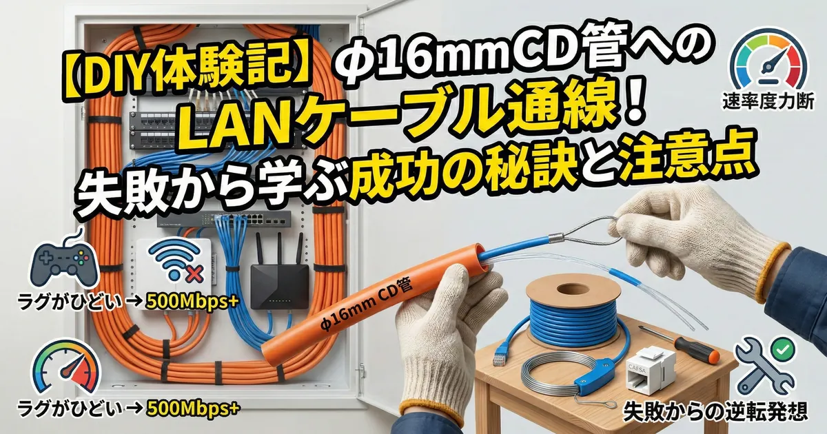 【DIY体験記】φ16mmCD管へのLANケーブル通線!失敗から学ぶ成功の秘訣と注意点」のアイキャッチ画像