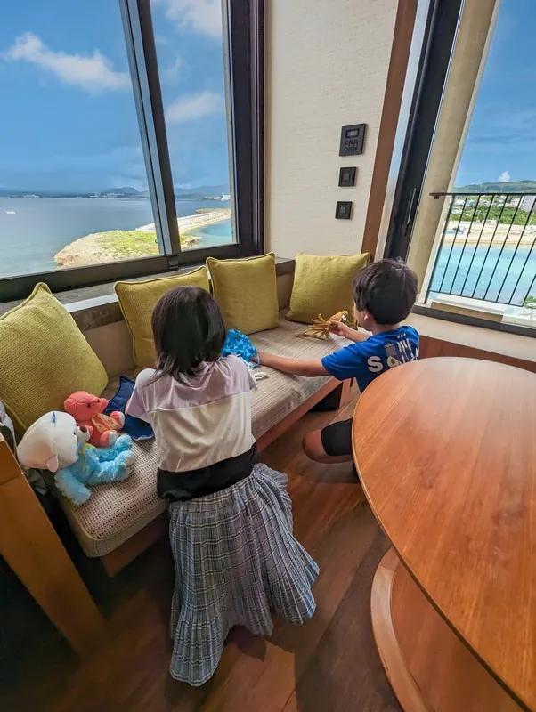 客室で景色を眺める子供2人の後ろ姿