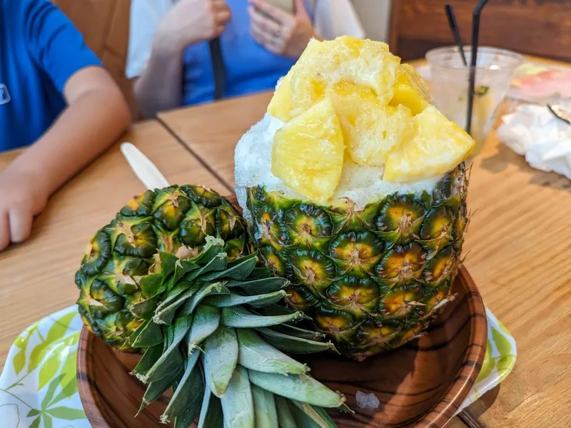 名護パイナップルパーク内を巡るパイナップル号に乗る家族