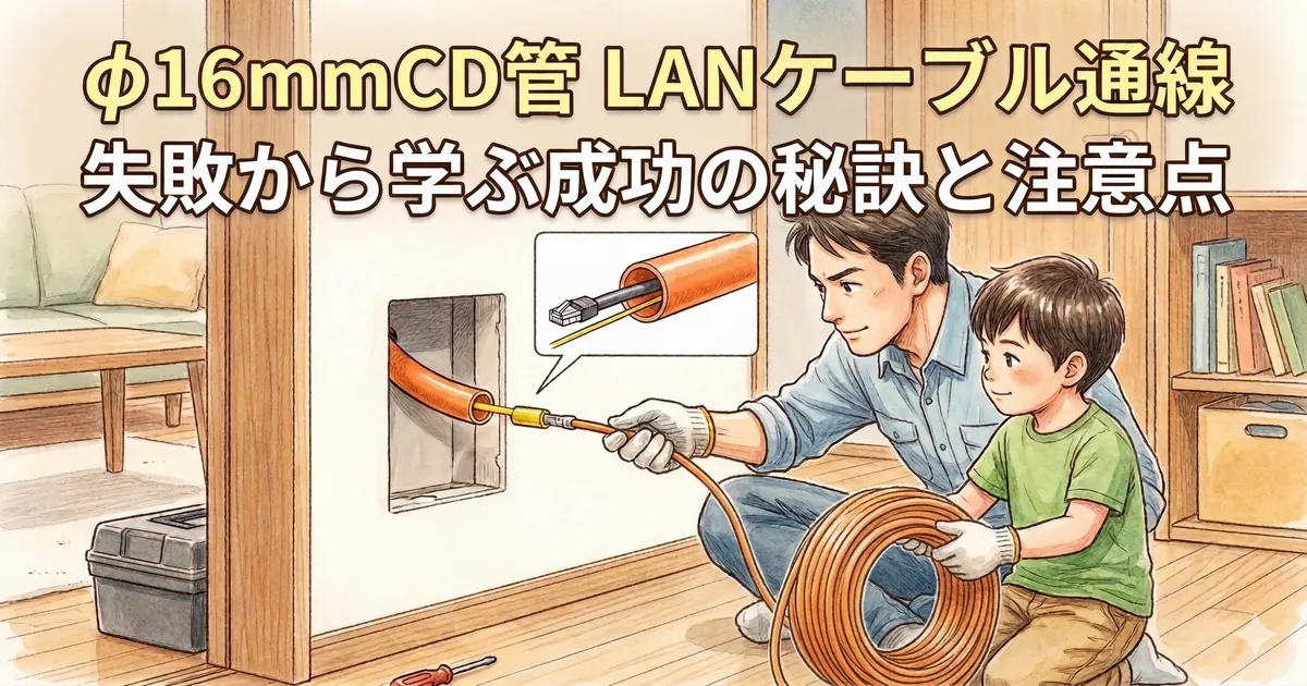 トヨタホームのφ16mmCD管にLANケーブルを通線するDIY作業の様子と通線ワイヤー