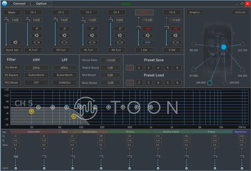 TOON X Ch5 サブウーファー左出力設定