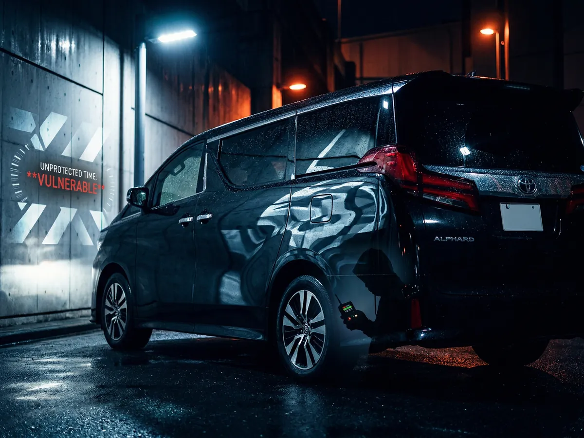 夜の無防備な40系アルファードと、リレーアタックツールを持つ窃盗犯の反射、および「VULNERABLE」の投影テキスト。