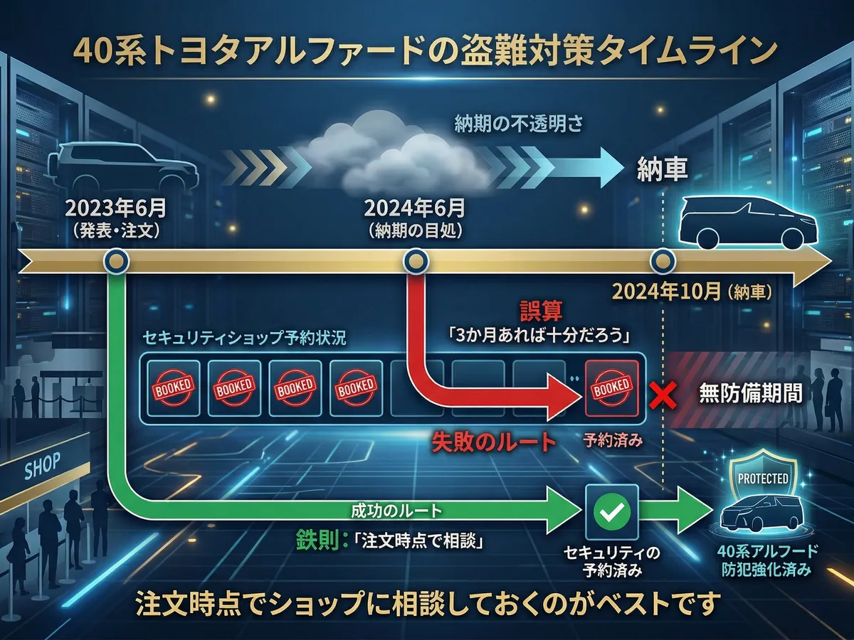 2023年6月の注文から2024年10月の納車までの、40系アルファードの不透明な納期と、セキュリティショップの予約状況を比較した、具体的で未来的なタイムライングラフィック。注文時点で相談した場合の成功（緑）と、納期目処が立ってから相談した場合の失敗（赤）を対比している。