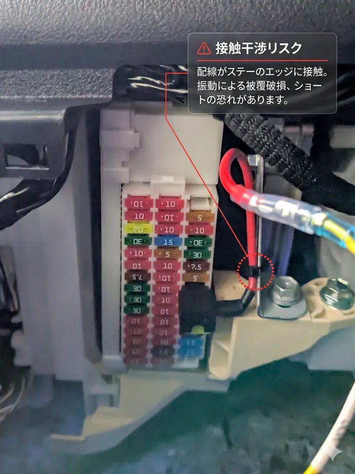 40系アルファードのヒューズボックスにて、ダブルヒューズを順方向に差し込んだ際に、配線の出口が金属ステーと物理的に干渉している様子。