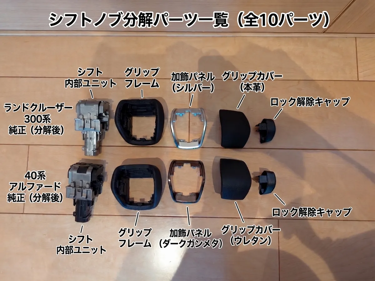 40系アルファードとランクル300の純正シフトノブを全分解し、内部ユニットやグリップカバーなど全10パーツを並べて比較した写真