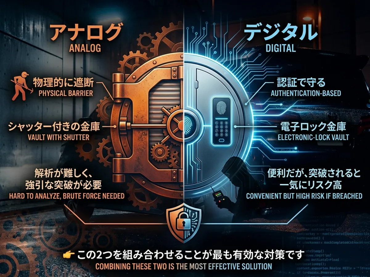 「アナログ」と「デジタル」のセキュリティの違いを金庫の比喩で解説したインフォグラフィック。左側はオレンジのトーンで「物理的に遮断するシャッター付き金庫（アナログ）」、右側は青のトーンで「認証で守る電子ロック金庫（デジタル）」を対比。中央下部には「この2つを組み合わせることが最も有効な対策です」という結論が日本語で記載されている。