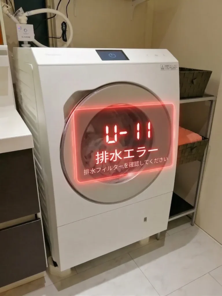 ドラム式洗濯機の操作パネルに赤い文字でU11排水エラーが表示されている様子