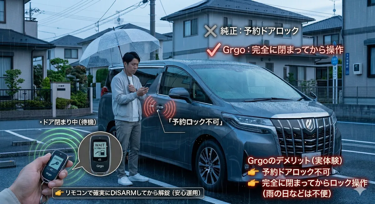 雨の降る日本の夜明け前、40系アルファードの左スライドドアが閉まるのを、傘を差しながら待っている日本人男性。彼は手に Grgo ZVT 2WAY液晶リモコンを持ち、ドアが完全に閉まるのを待っている。ドア上部に、純正機能「予約ドアロック」を指す「✕」と、Grgo動作「完全に閉まってから操作」を指す「✓」の概念的なラベル。 予約ドアロック不可,  完全に閉まってからロック操作, （雨の日などは不便）"が、赤いトーンで視覚化されている。