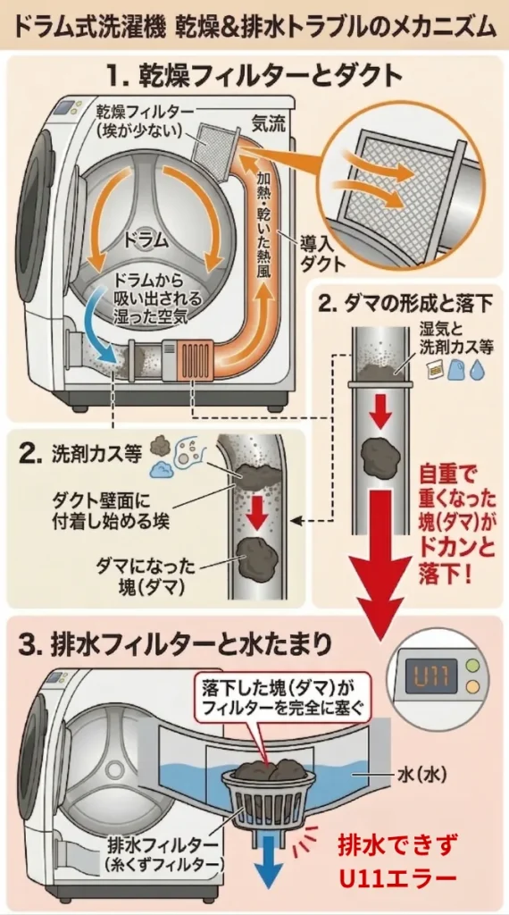 パナソニック製ドラム式洗濯機 NA-LX129A の排水経路図と、U11排水エラーが発生する原因の図解
