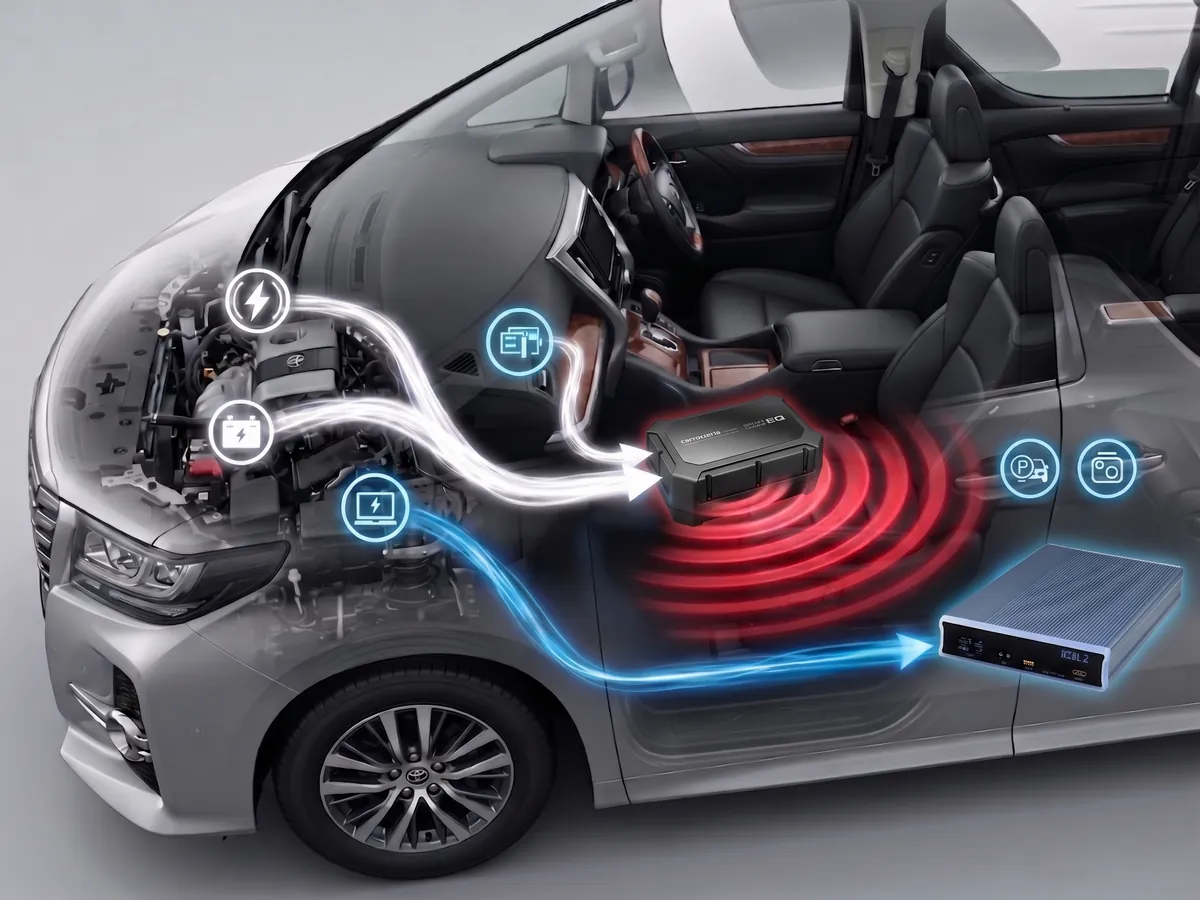 40系アルファードの車体透過図：サブウーファーTS-WX400DAへの電源供給と駐車監視用iCELL M12Aの独立配線イメージ