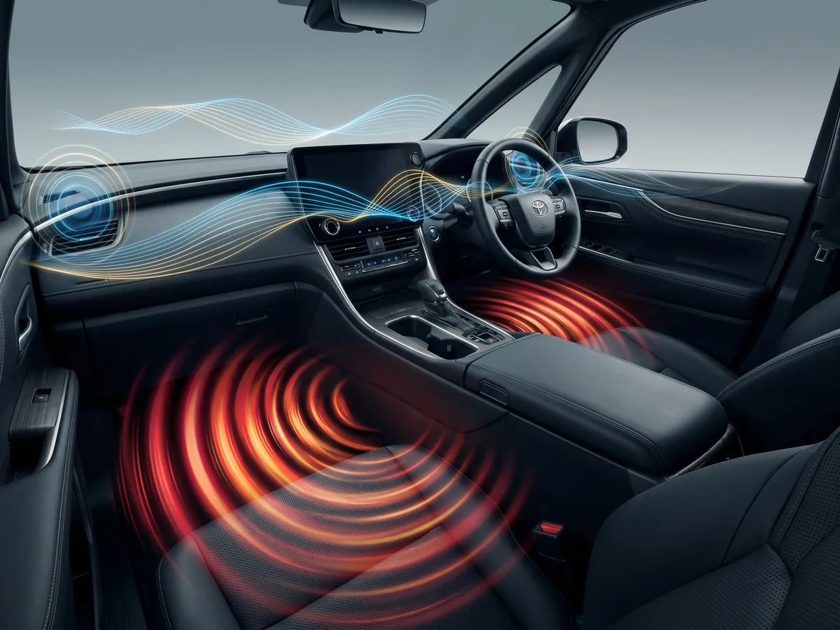 40系アルファードの車内でサブウーファーが低音を補い、音全体の厚みと立体感を改善している様子を視覚化したイメージ図