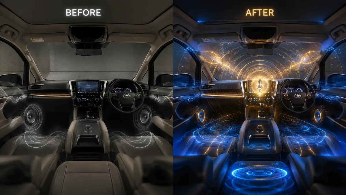 40系アルファードの車内オーディオ音質比較イメージ。左側は低音が薄い純正オーディオ、右側はTS-WX400DAとDSP導入により低音が深く立体感のある音場に変化した様子。